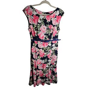 Shelby & Palmer Floral Print Navy & Pink Sleeveless Midi Dress With Belt M Women